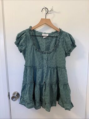 Women’s Sage Green Eyelet Tiered Blouse with Ruffle Neckline